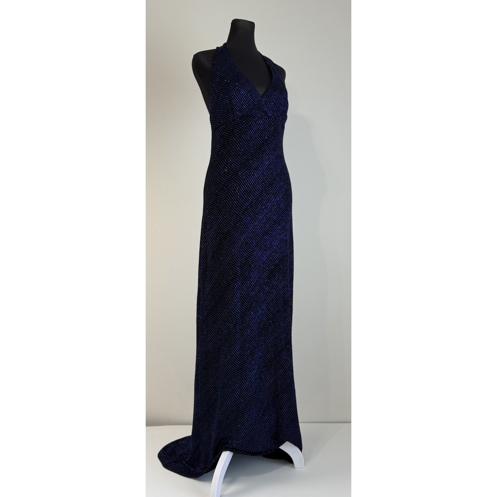 Vintage City Triangles Y2K 90s Halter Maxi Dress Sz L Blue Metallic Backless USA